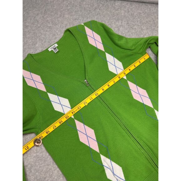 VTG IZOD Womens XL Preppy Argyle Zip Cardigan Bright Green Cotton Sweater - Picture 3 of 14
